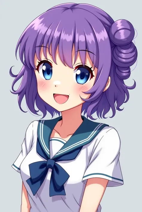  Anime girl  , purple hair , blue eyes ,  , in school uniforms , gray background , curly hair hairstyle ,  smiling