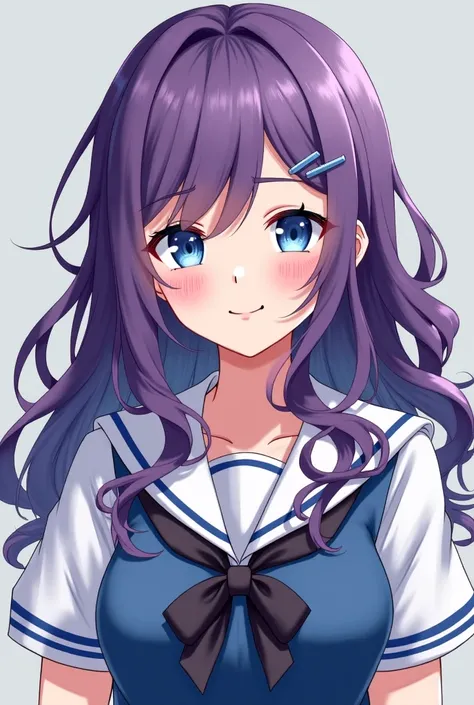  Anime girl  , purple hair , blue eyes , 18 years old , in school uniforms , gray background , curly long hair hairstyle ,  smiling