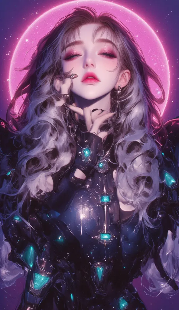 "Futuristic cyberpunk portrait of a mysterious girl with massive translucent crystalline energy wings, ultra-detailed, 8k, digital art. Sharp facial features with holographic purple-blue eyes glowing with cascading green data streams and neon-pink circuit ...