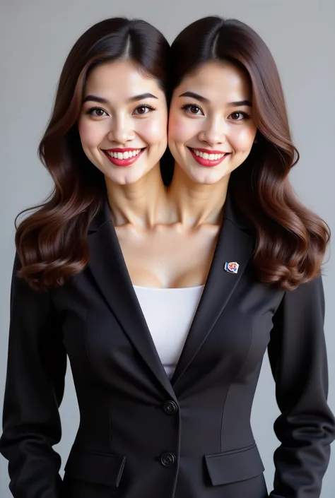 Realistic photograph of a beautiful two headed Korean woman with white skin and longer hair, necklace, wearing a business suit. She is the President of Korea. She is a milf 45 years old, with a curvy figure, body portrait. very big breasts. very BIG . Pres...