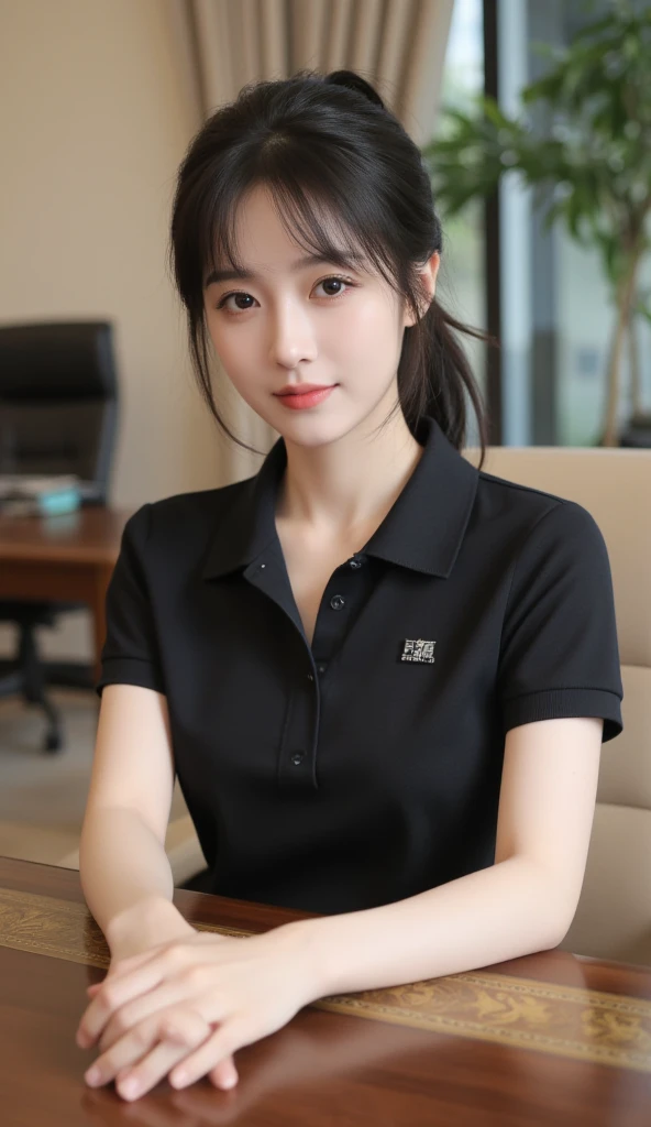 Image shows a woman sitting directly opposite the lens at her desk with her hands on the desk in office-like setting. She has dark hair tied in a ponytail and is wearing an elegant polo shirt . The background is a luxurious office environment with a desk, ...