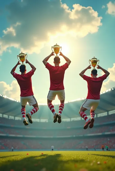 Now do 3 players together, EACH ONE LIFTING A TROPHY on their backs, BEING THEM FLYING, Defender, LATERAL, of football. IF IT COULD BE COMBINED WITH THE LAST TWO IMAGES IT WOULD BE PERFECT 