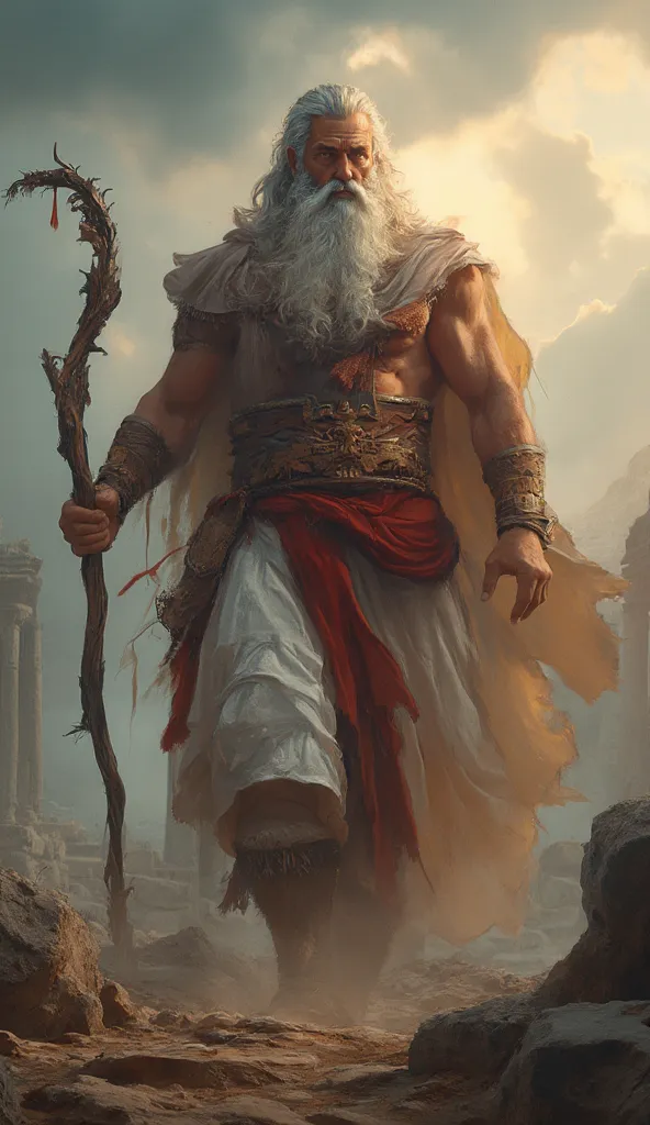 a realistic, full-body image of the god Zeus, powerful muscular physique, piercing eyes, flowing beard, toga, thunderbolt in hand, dramatic lighting, dramatic cloudy sky background, ancient Greek temple ruins, photorealistic, 8K, hyper-detailed, ultra-deta...