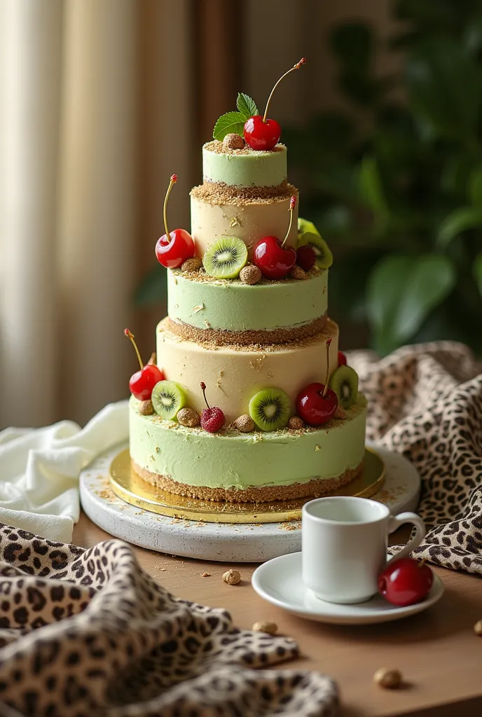 On the nightstand next to the bed is a beautiful creamy pistachio five-tiered large cake decorated with kiwi cherries, next to a white coffee cup is leopard print linens. 