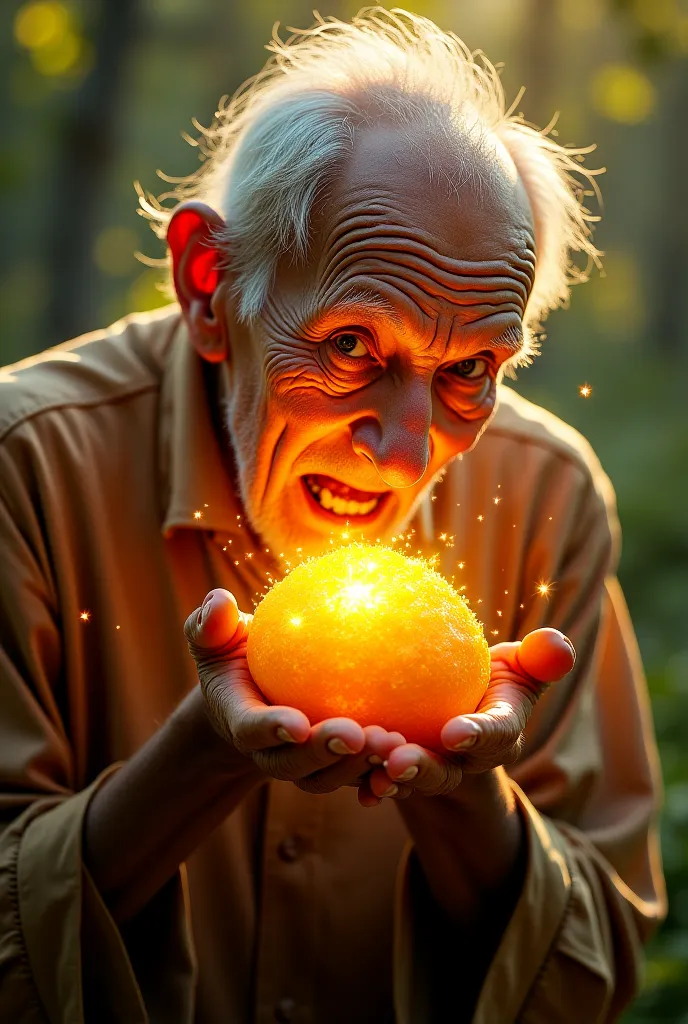 The old uncle taking a bite of the glowing mango, with sparkles of magic surrounding him. His weak body starts glowing as he transforms into a healthy and happy man.