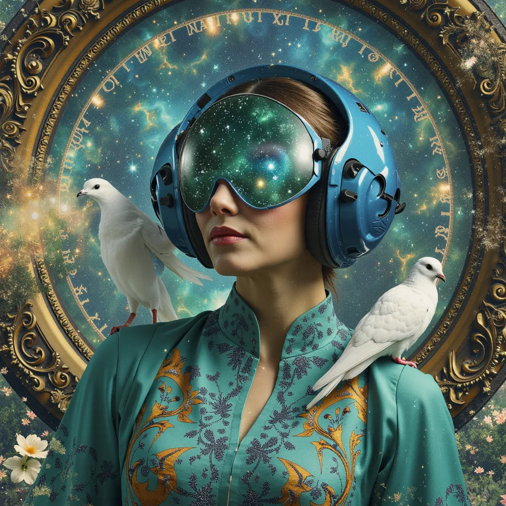 Painting of a woman with a blue green helmet with a slightly transparent visor inside which we see a galaxy and a blue green dress with a watch, inspired by Gaston Bussiere cathedral atmosphere, inspired by Vincent Lefevre with hyperrealistic Art Nouveau t...