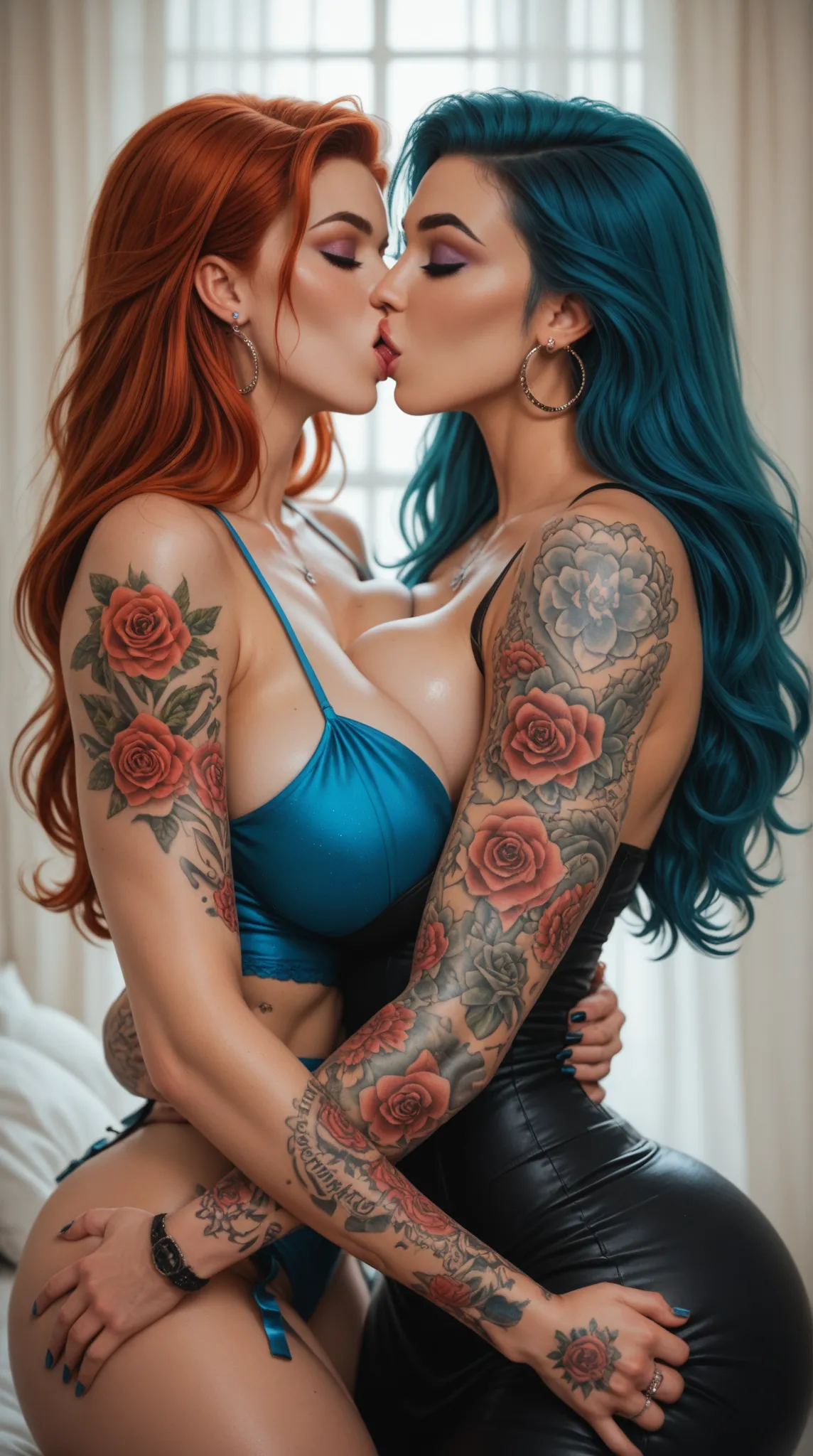 Score_9, Score_8_high, Score_7_high, 2 attractive girls, half clothed, big boobs, sassy, tattooed, sensual hugging, kissing, 