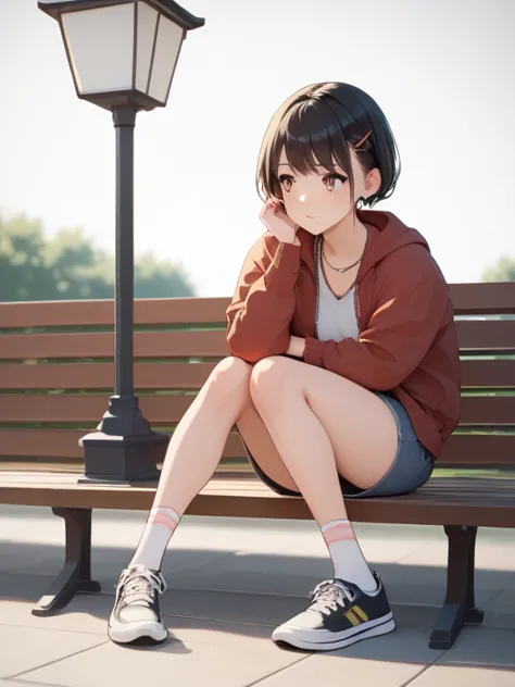 score_9, score_8_ up, score_7_ up, score_6_ up, score_5_ up, score_4_ up,  source_anime ，nsfw， uncorrected，Create another young girl showing her full body in realistic style, she's sitting on a bench、looking to the right and waiting for someone, she has a ...