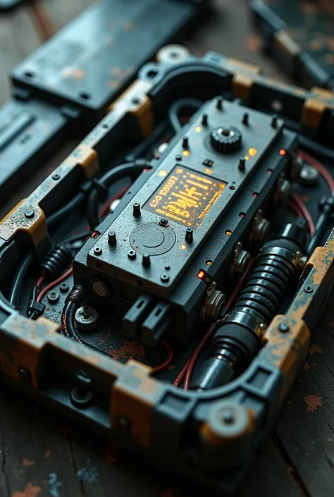 Compact device diagram, operating on abnormal activity and placed in a plastic box on a firearm. In the style of a computer game S.T.a.l.k.and.r.