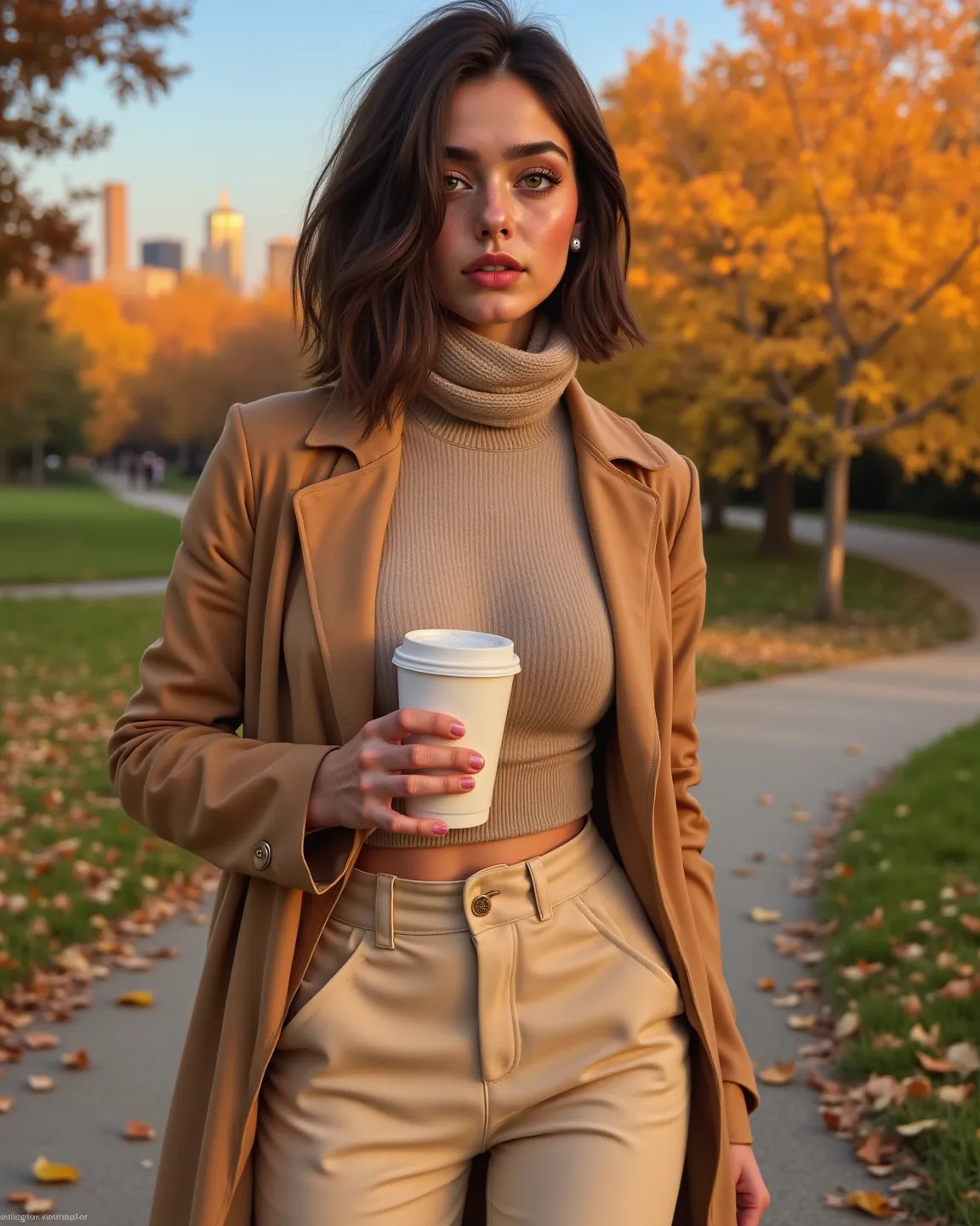 A hyper-realistic image of Lara Sampaio, a stunning 23-year-old Brazilian woman, walking through a picturesque park in New York City during the peak of autumn. She wears an elegant camel-colored trench coat over a fitted turtleneck sweater, paired with hig...