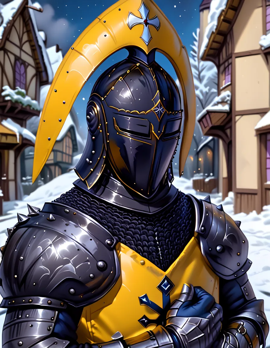 arm0rs3nt1n3l, bgport, A male wearing a tight yellow tabard that has a hollow triangle shape on it, [medium breasts], wearing a dark metallic traditional knight's helmet, Knight gauntlets in dark metallic armor, holding a pair of kukris, medieval scenery, ...