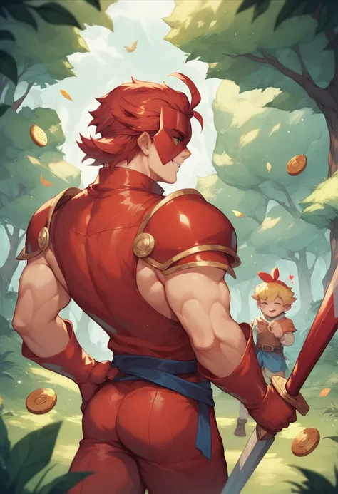 Man in red armor (Spectre Knight from Shovel Knight) with a sword in his hand while playing with a coin in his other hand.
Behind him there is a forest and a t-rex chicken. 