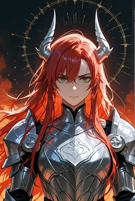 Anime man with medium red hair with green detailed eyes and silver armor 