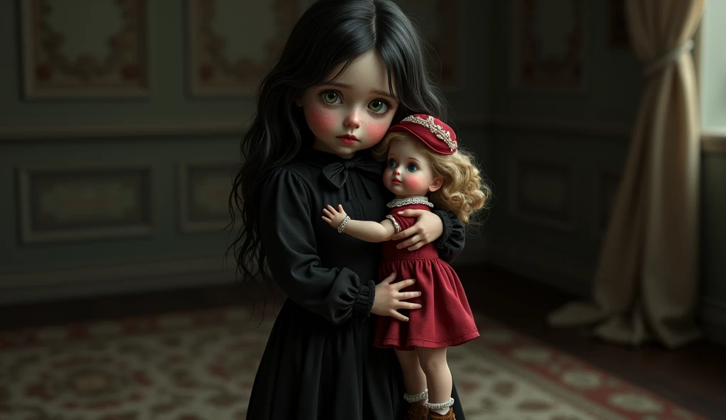 Ultra-realistic, highly detailed portrait of a young girl with long, wavy black hair cascading over her shoulders. She stands alone in a dimly lit, classic-style room, her large, expressive green eyes filled with unshed tears, reflecting deep sorrow. Her p...