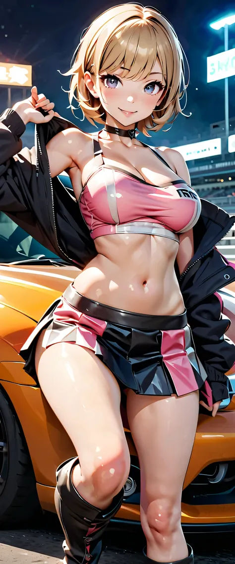 Best Quality, Ultra High Resolution,  One person,  SMALLE BREASTS, black choker, smile,  exposes shoulders,  focus only , viewers,Fair skin,Car racing track,photon mapping, physically-based rendering for viewers,  RAW photos , very detailed background, K-p...