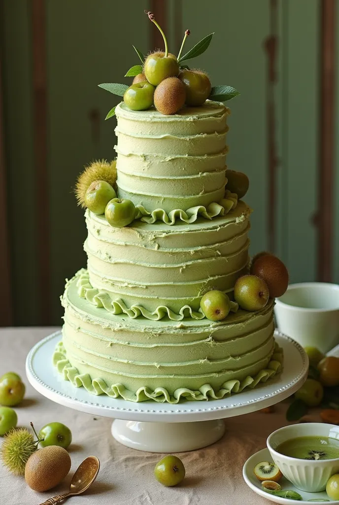 On the nightstand next to the bed is a beautiful creamy pistachio five-tiered large cake decorated with kiwi cherries, next to a white coffee cup is leopard print linens. 