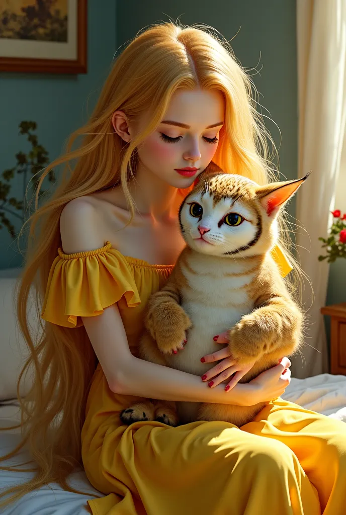 A picture of a yellow-haired woman wearing a yellow dress carrying an owl bird with the body of a cat and standing in her room