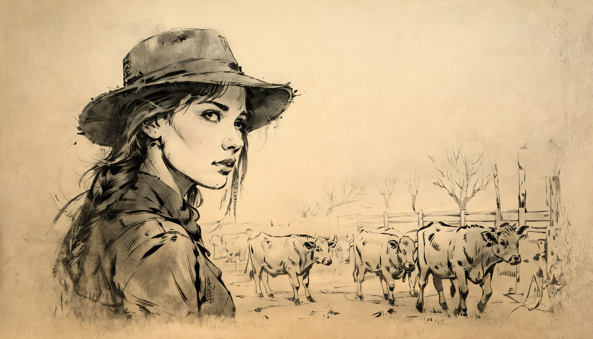 dessin au fusain, crayons, black dessin au crayon, dessin au crayon, dessin en noir et blanc, dessin au graphite,
affiche, close-up, pleine longueur, femme avec un chapeau de paille et les mains dans les poches, dans un champs avec des vaches et une grange...