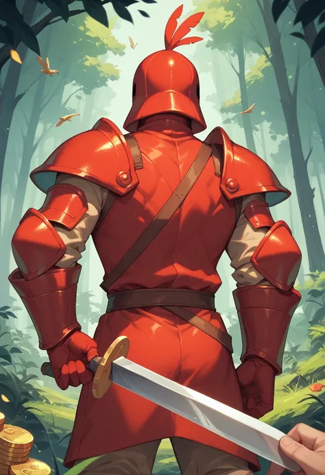 Man in red armor (Spectre Knight from Shovel Knight) with a sword in his hand while playing with a coin in his other hand.
Behind him is a forest and a t-rex chicken.