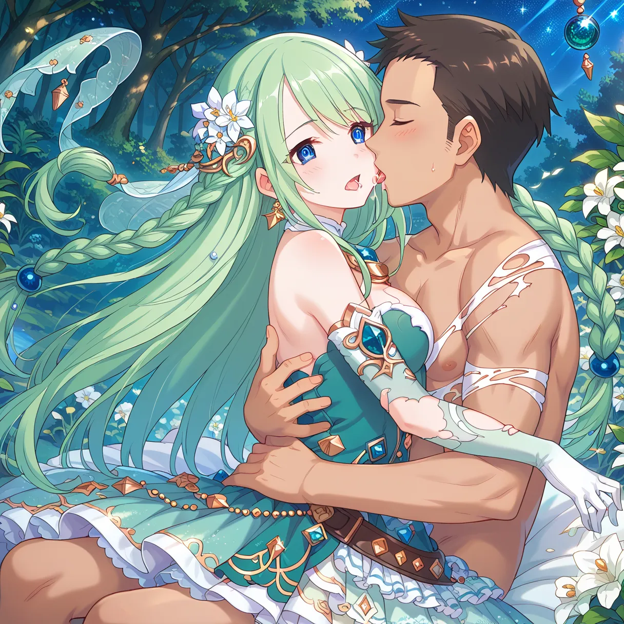 masterpiece, 1girl, emerald green long hair, braided side sections with flowing straight hair in the back, vivid blue eyes, white flowers and golden ornaments in her hair, dress with a green and white color scheme, (torn custume:1.0), featuring gold decora...