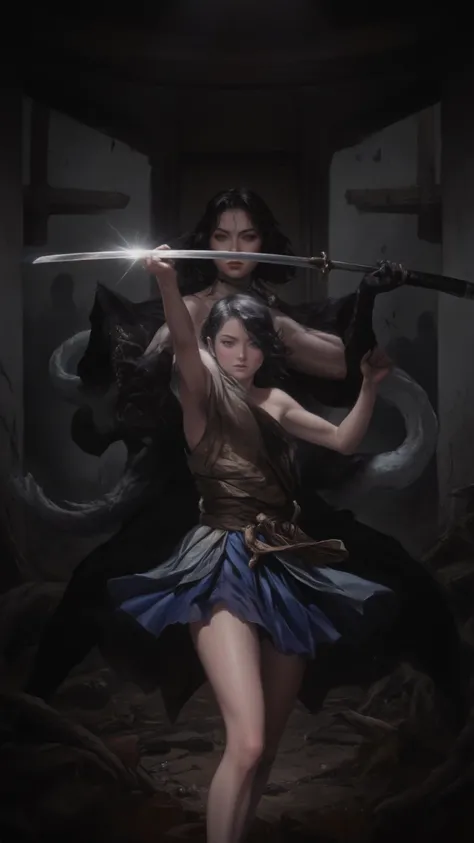 Japanese Girls,alone, Dark Hair,  Samurai Knife,  Battle Pose  ,