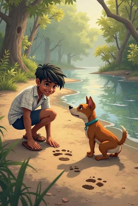 Great! Here’s the next scene in the story.


---

Scene 2: The Mysterious Footprints

Narration:
As Arjun and his dog step onto the dusty path, something unusual catches his eye—strange footprints in the soft mud near the riverbank. They are larger than an...