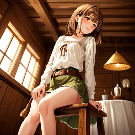 Mirien, a young woman with delicate features, sitting on the edge of a simple wooden chair in a room of a medieval wooden housea.

She has beautiful brown eyes and medium-length, straight brown hair with slanted bangs framing her round, delicately sculpted...