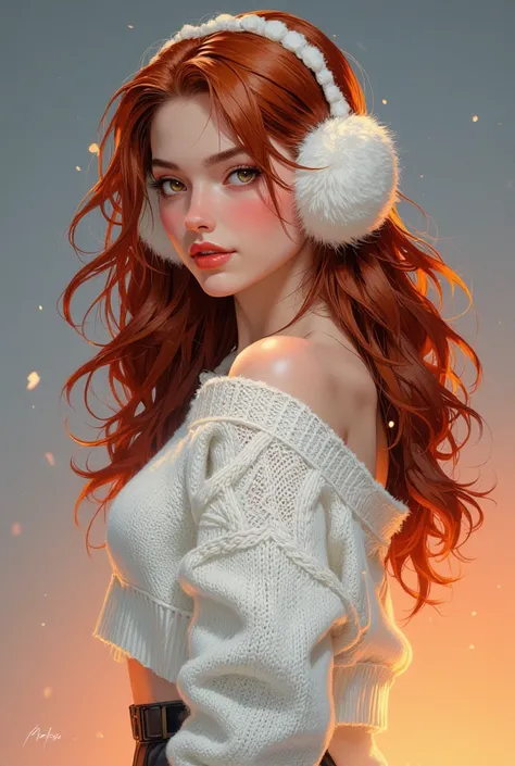 A stunning winter-inspired fashion portrait of a young woman with long, voluminous, wavy auburn hair, elegantly styled with soft white earmuffs. She is wearing a cozy white cropped sweater with long sleeves, accentuating her refined silhouette. Her pose is...