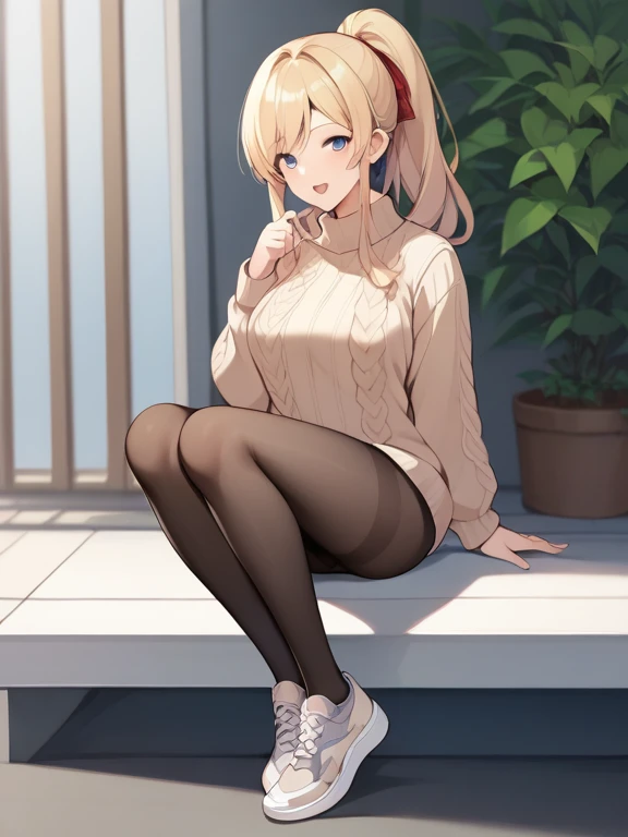 score_9, score_8_ up, score_7_ up, score_6_ up, score_5_ up, score_4_ up,  source_anime ，nsfw， uncorrected，( 1 girl, alone), ((best quality, masterpiece)), (tights:1.2), 、 ponytail for men、is sitting、Looks hot 、Wool sweater, hot pants , full body,Backgroun...