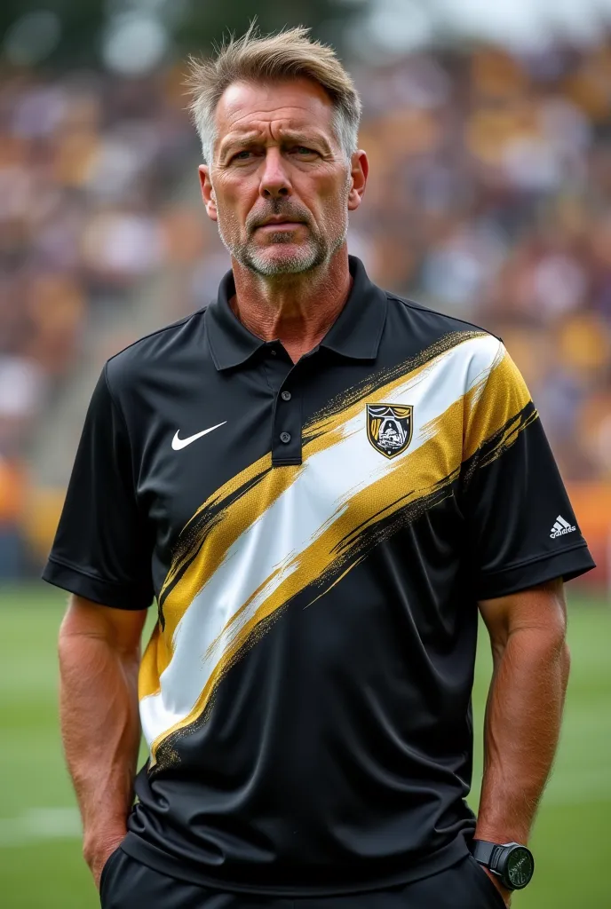 Football coach shirt with black, white and gold colors