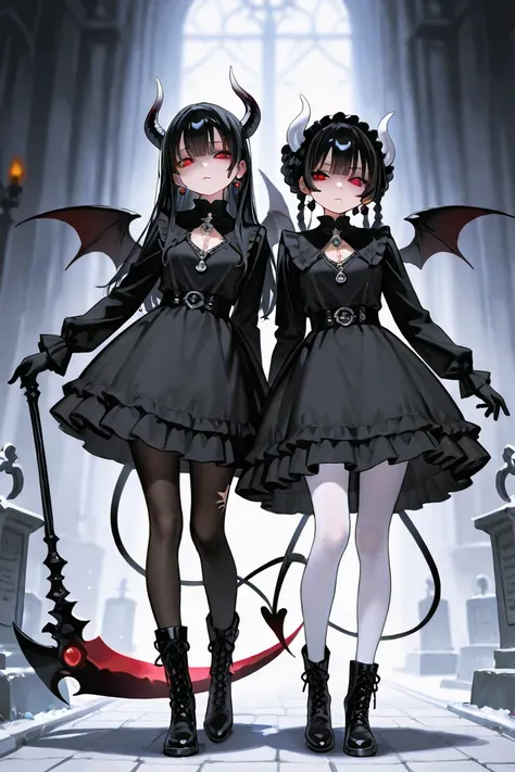 Evil beings emerging from the shadows, intimidating look, they have an enviable beauty, two twin sisters, both demons, both with pointy horns and tails, the first sister with black horns and tails, and the other with white horns and tails, both wearing a d...