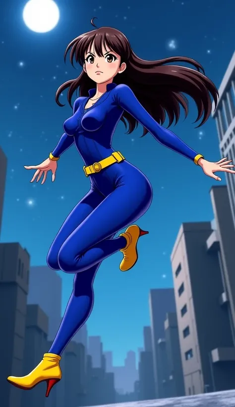 A stylized female figure of an animated character named Hitomi Kisugi from Cat’s Eye is depicted in a dynamic pose.  The character is of Asian origin and appears to be in her early twenties. She wears a royal blue suit, vibrant and tight. A bright yellow b...