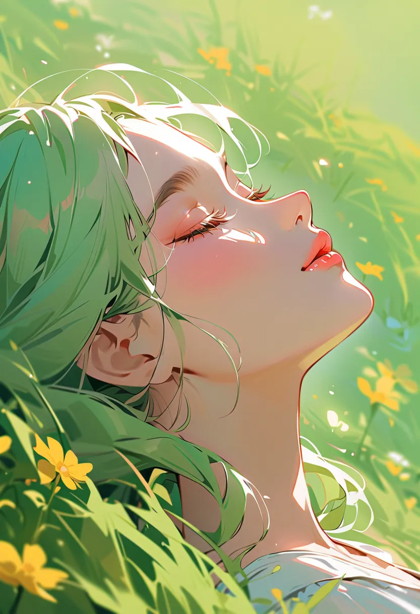 1girl, solo, closed_eyes, grass, sideways, lips, eyelashes, closed_mouth, outdoors, green_hair, on_grass, blurry