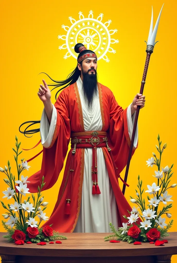 "Chinese Taoist" tarot card. Chinese Taoist priest in elaborate ceremonial robes charactor. Chinese Traditional Wuxia aesthetic martial arts epic style like  "The Legend of the Condor Heroes".
- Yellow bg: Bright and clear. - Double Tipped White Wand: The ...