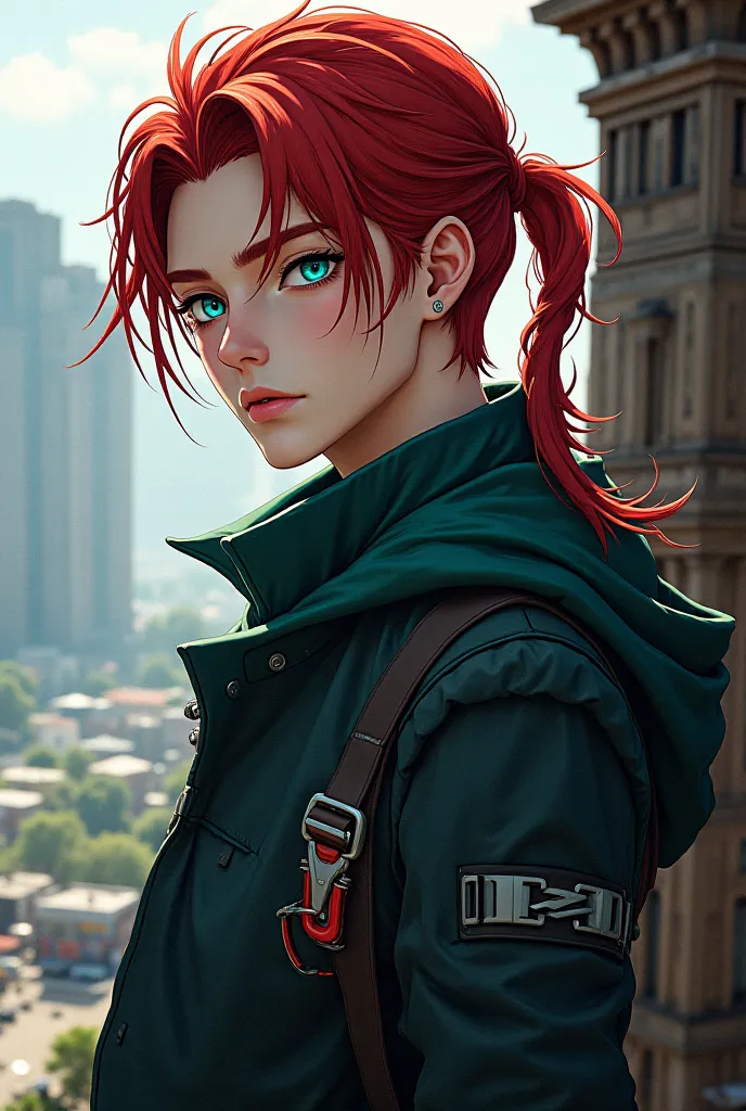  is an anime character with luxurious facial features, red hair tied back, emerald blue eyes, and a mysterious aura. He is 175cm tall with adventure outfit and a cold person
