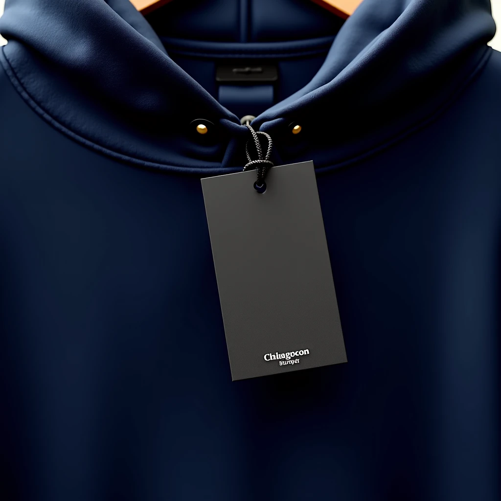 
"Create a close-up of a clothing tag mockup in black color, hanging at the top of a dark blue hoodie. The tag should have a clean and stylish design, showcasing branding elements, and should be prominently displayed to emphasize its details and texture."