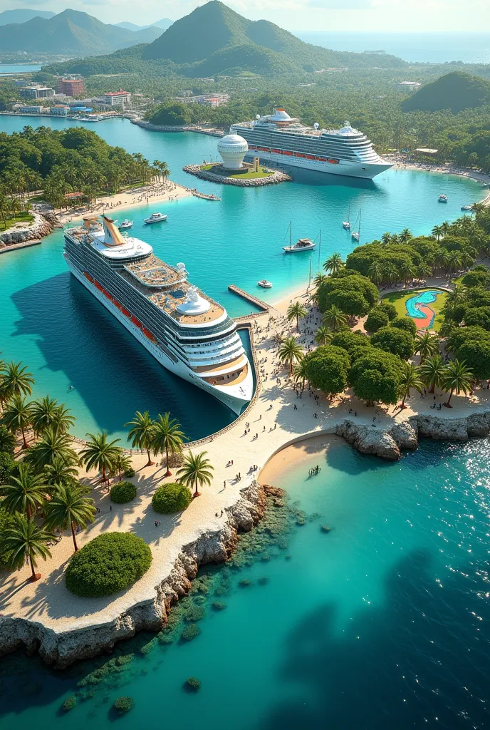 Create a cruise port in Cap Caña Dominican Republic with turquoise waters parks both the plane from above and panoramic please