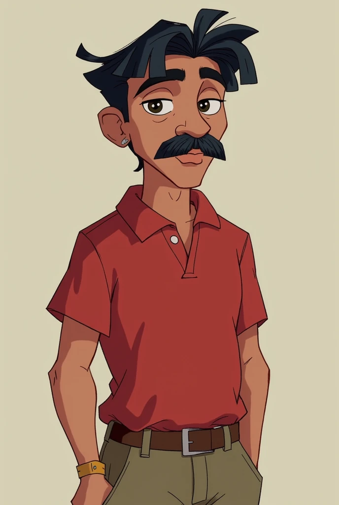 a 27 year old indian boy with clumsy hairstyle and an mustache in a polo tees and cargo pant , he has wrinkles and dark circles under his eyes