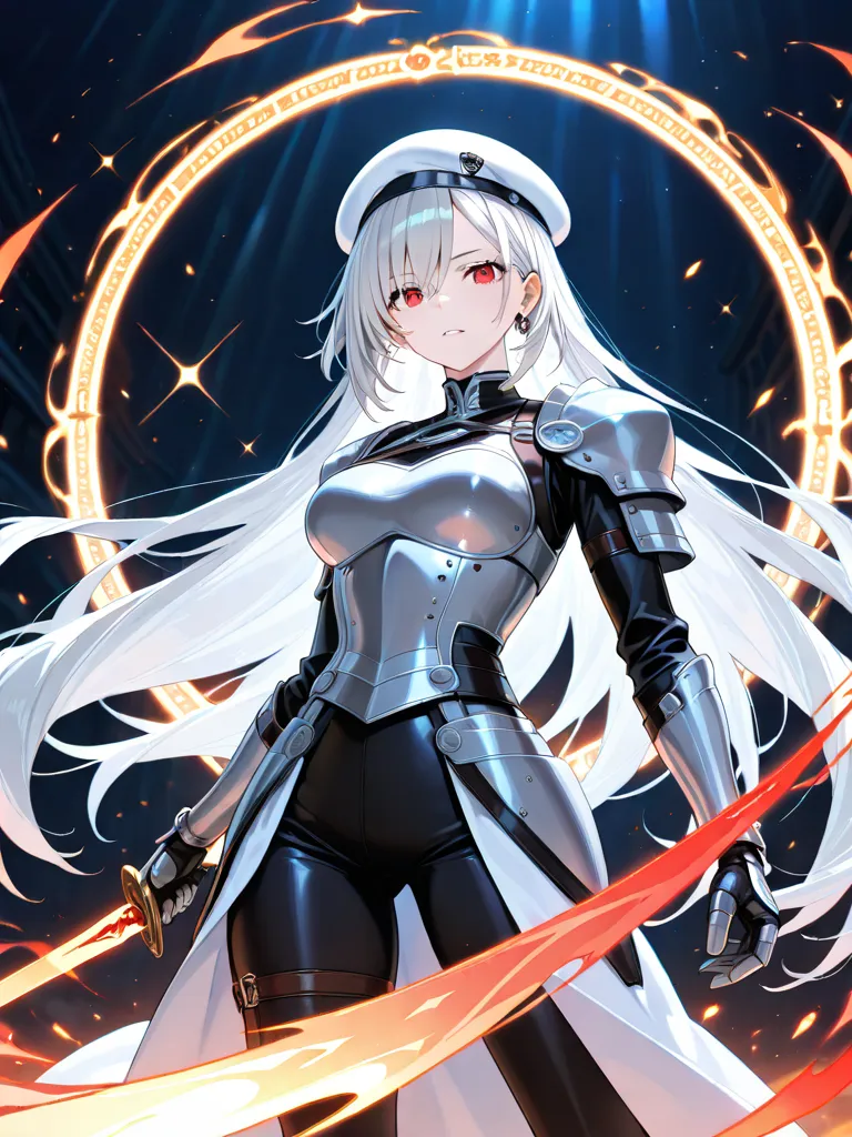 best quality, one girl, long hair, Light grey hair, red eye, medium breast size, red short sword on both hand, upright body, white Barret on head, grey armour, forward view, looking ahead