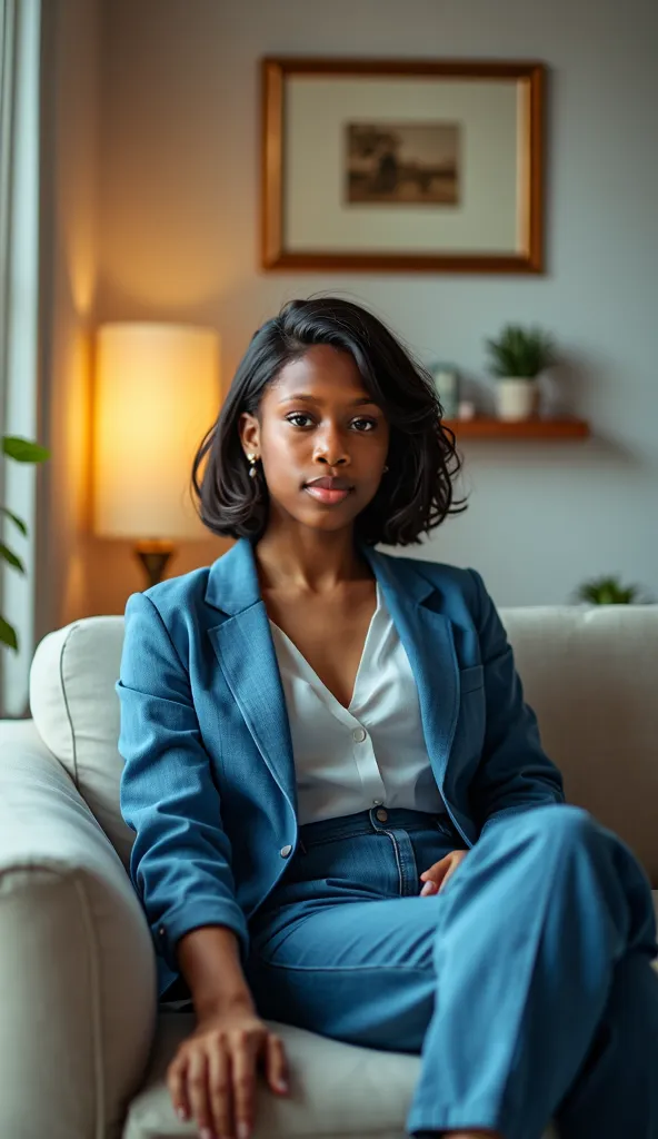 Une femme métisse corpulence moyenne assise dans un bureau de luxe blanc . She's wearing a blue jean set, classy and modest style. Professional ultra-realistic natural light photography 