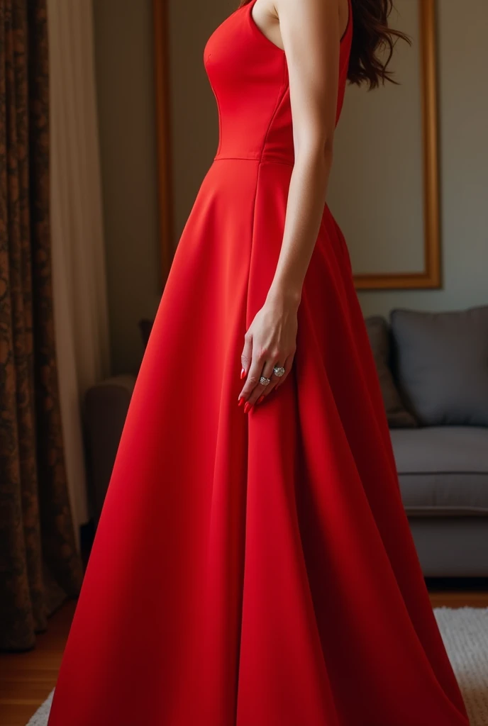 Full-length photo of a girl, in a beautiful red evening dress. In the photo, only one girl. Figure type - "pear". wide hips and a narrow waist. Bright red manicure with long nails. The girl shows off her manicure to the camera.  On her finger, a diamond ri...