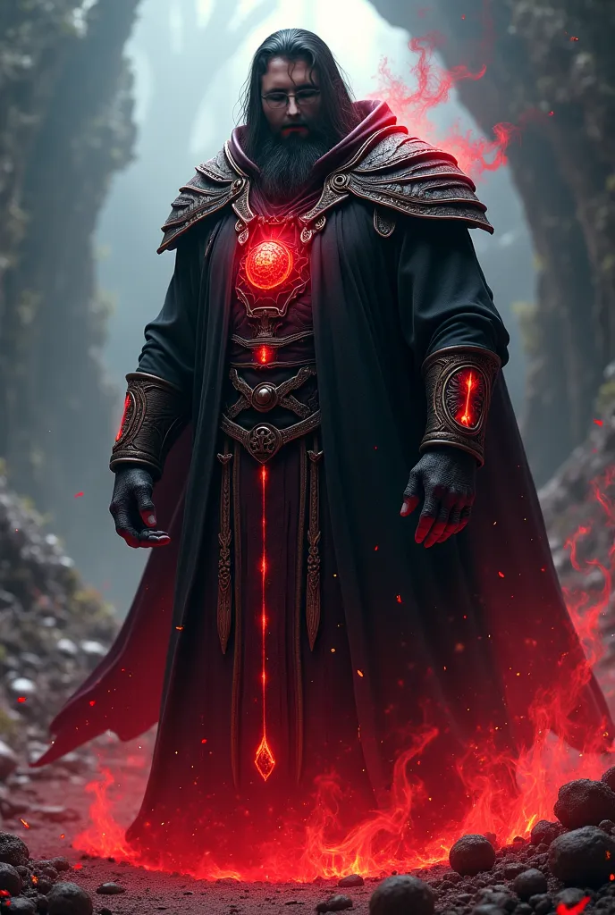 This character would be seen as an evil character, half wizard, wide and strong., He's wearing black with red and fire details and runes