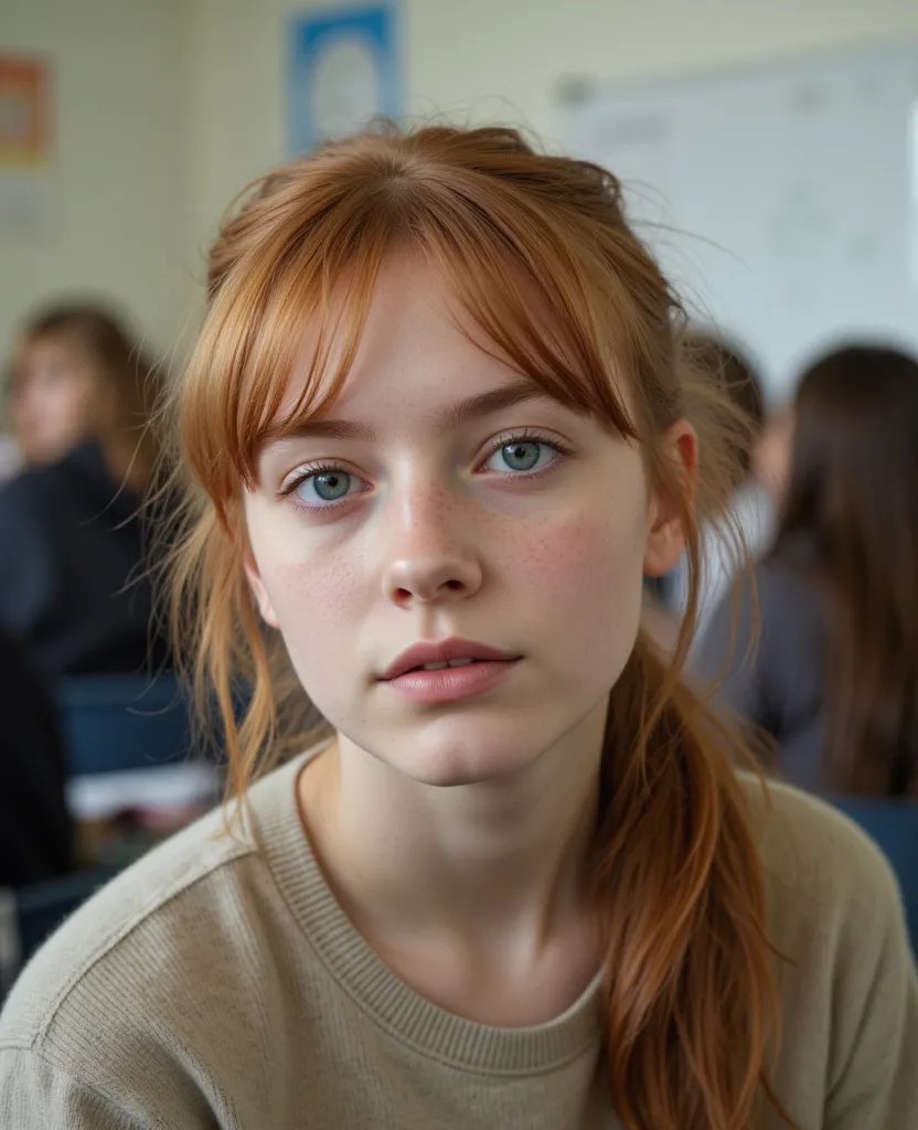 ( extreme wide angle shot:0.5), {sixteen-year-old girl, From Ireland, (chubby:0.68), (sky blue eyes),  messy , reddish blonde hair, ponytail, candid pose, Head tilt downwards. Very cute little stub nose that points strongly upwards,  pale white skin , (rea...