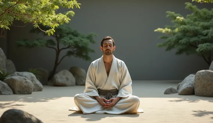 A man in a kimono meditating in a zen, garden symbolizing the tranquility that comes with simplified financial planning.