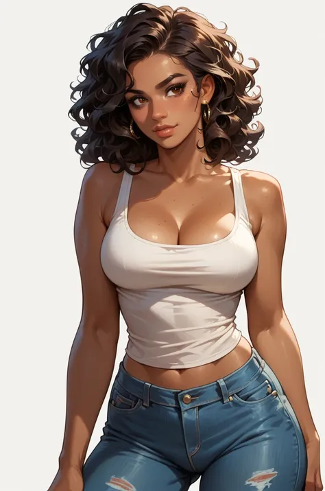 score_9, score_8_up, score_7_up, cartoon of a girl, solo, sexy, slutty, brown skin, brown eyes, black hair, Curly hair, A tank top that goes under a shirt, jeans, cleavage, medium breast, wide hips, standing, white background