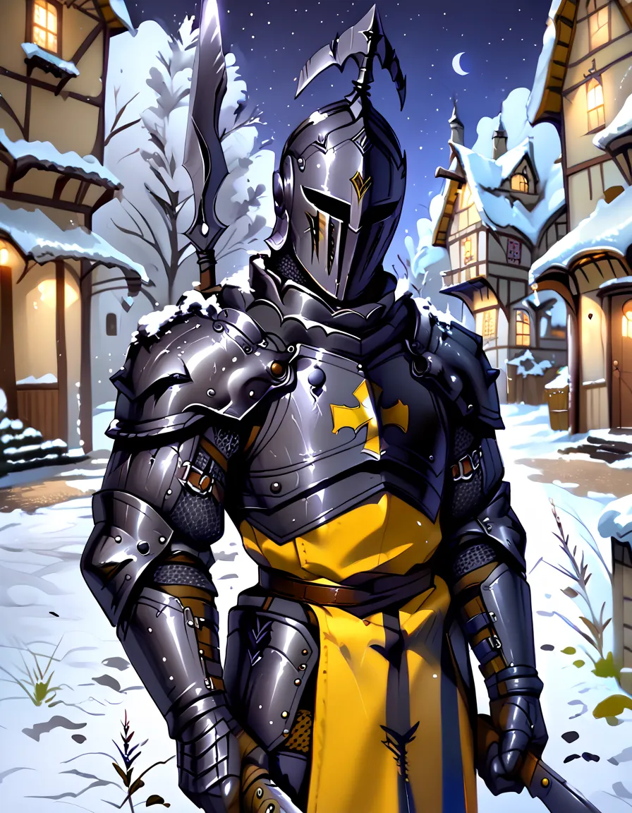 arm0rs3nt1n3l, bgport, A male wearing a tight yellow tabard that has a hollow triangle shape on it, [medium breasts], wearing a dark metallic traditional knight's helmet, Knight gauntlets in dark metallic armor, kukri:1.2, holding weapon:1.5, medieval scen...