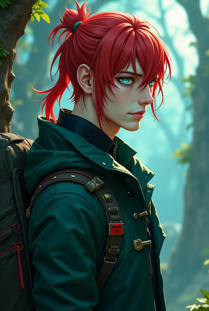 a man character with luxurious facial features, red hair tied back, emerald blue eyes, and a mysterious aura. He is 175cm tall with adventure outfit and a cold person and Anime character. Fantasy. 