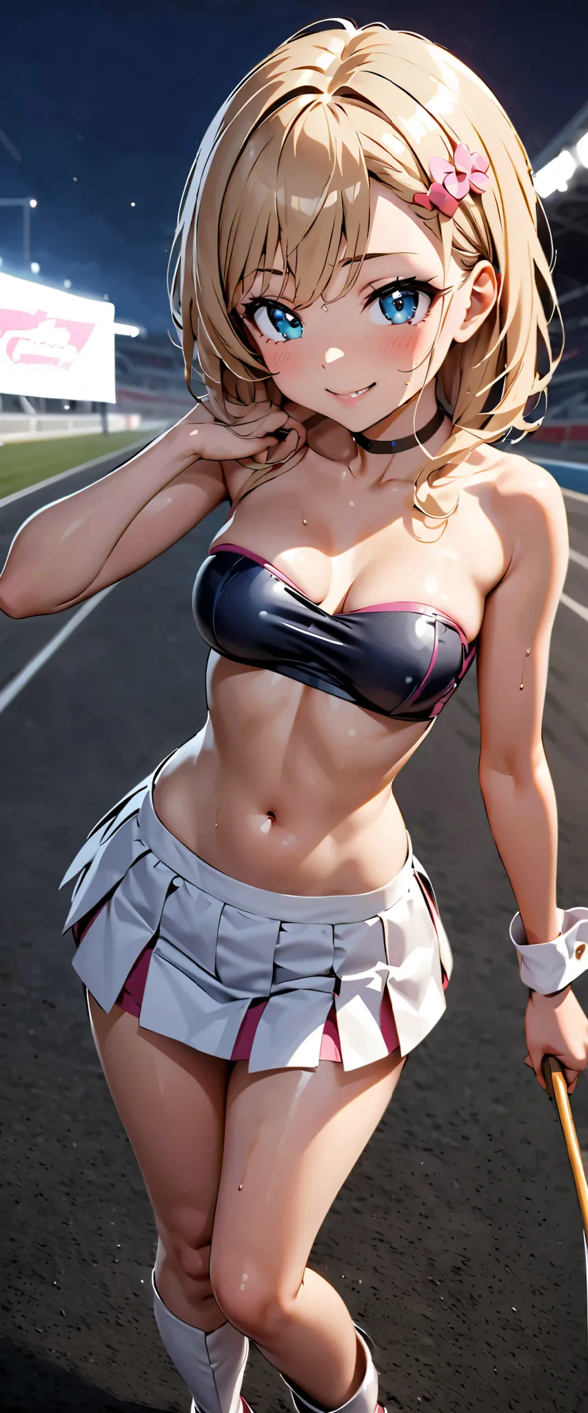 Best Quality, Ultra High Resolution,  One person,  SMALLE BREASTS, black choker, smile,  exposes shoulders,  focus only , viewers,Fair skin,Car racing track,photon mapping, physically-based rendering for viewers,  RAW photos , very detailed background, K-p...