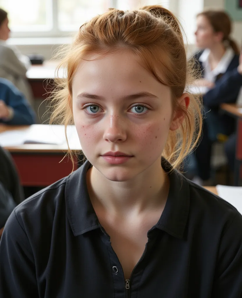 full body shot, ( extreme wide angle shot:0.5), {sixteen-year-old girl, From Ireland, (chubby:0.68), (sky blue eyes),  messy , reddish blonde hair, ponytail, candid pose, Head tilt downwards. Very cute little stub nose that points strongly upwards,  pale w...