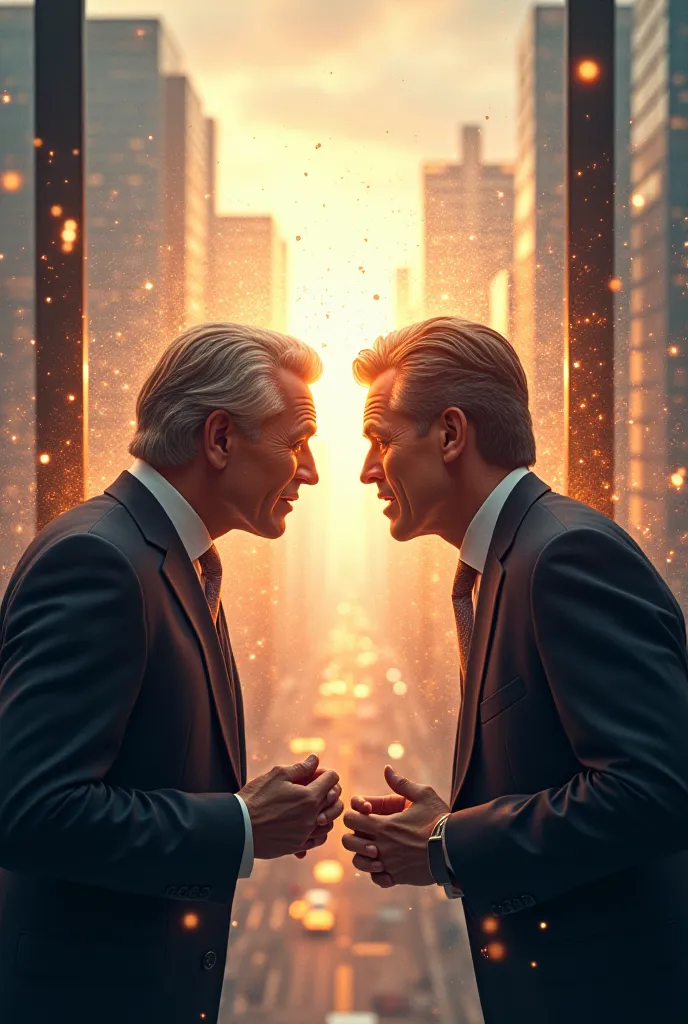 An impactful image of two businessmen negotiating, that reflects the positive effects resulting from explosive power related to atomic and energy of adequate communication